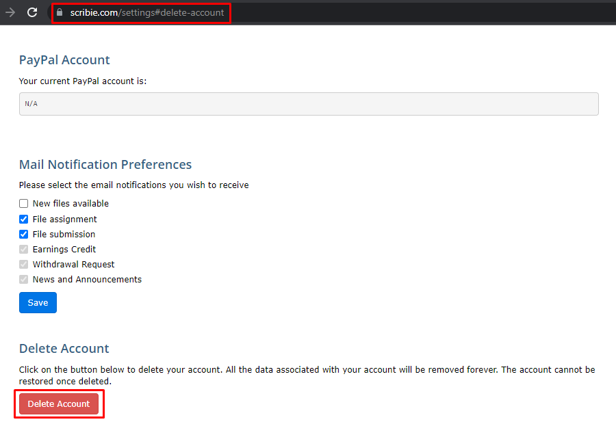 Delete Account Link