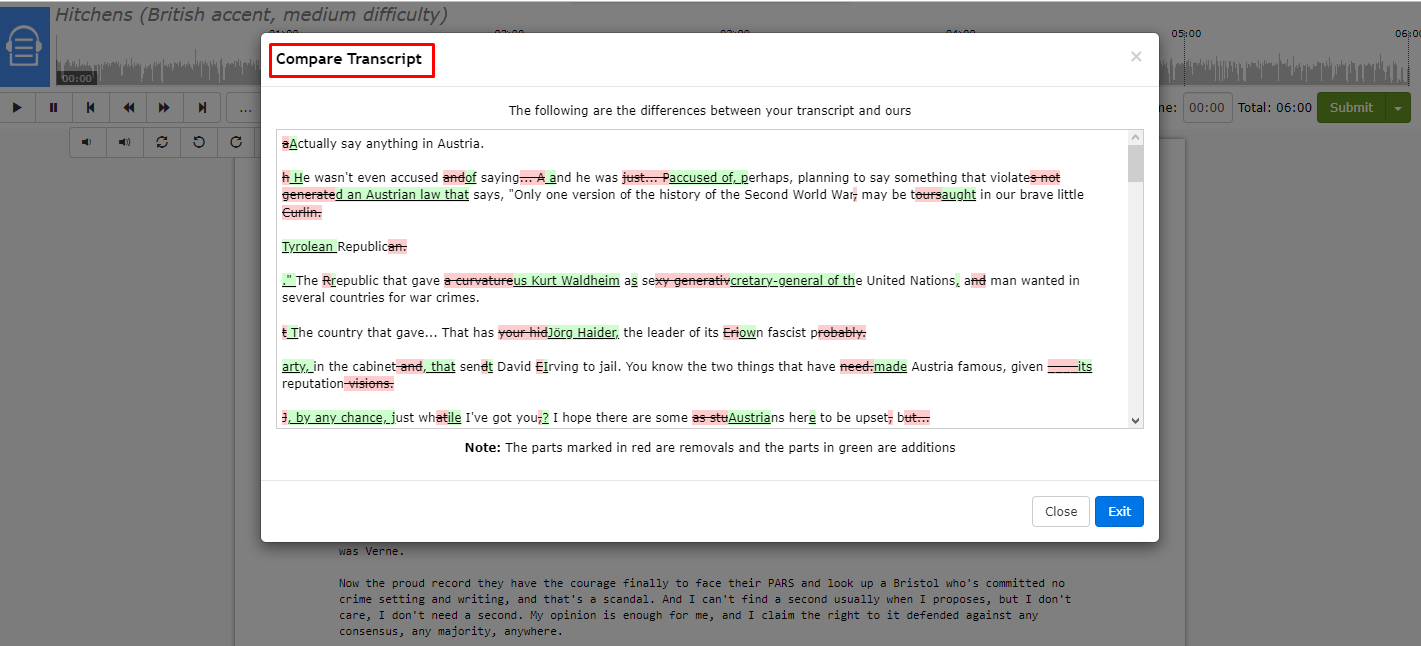 Diffs or Compare Transcript