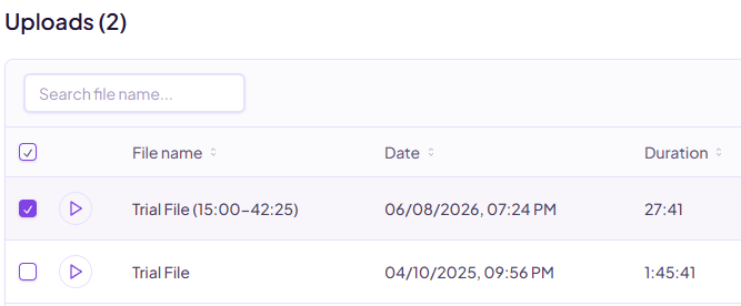 Scribie Uploads page showing the trimmed file "Trial File (15:00–42:25)" beside the original recording