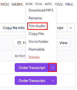 Scribie file menu drop-down with the Trim Audio option highlighted before audio transcription