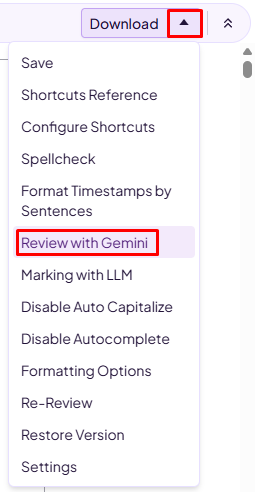 The Editor's Download dropdown open, with Review with Gemini highlighted among Save, Spellcheck, Formatting Options, and other actions