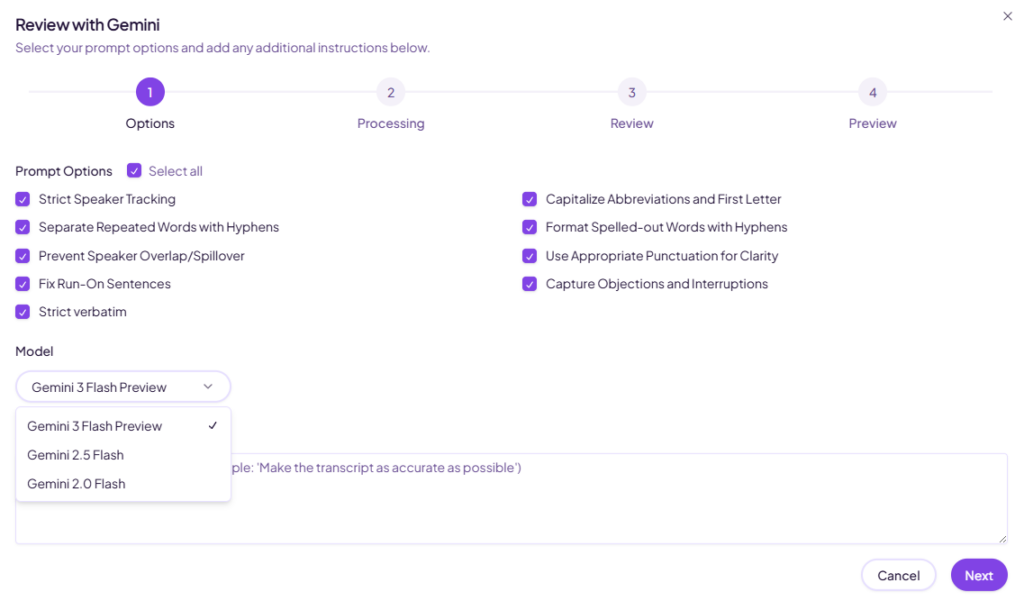 The Review with Gemini options screen: prompt-option checkboxes such as Strict Speaker Tracking, Fix Run-On Sentences, and Strict verbatim, with a Select All option