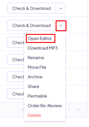 The Check & Download dropdown expanded, showing Open Editor, Download MP3, Rename, Move File, Archive, Share, Permalink, Order Re-Review, and Delete