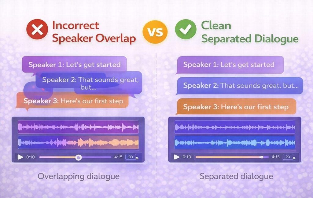 Comparison of overlapping speaker dialogue and clean separated dialogue in an audio waveform