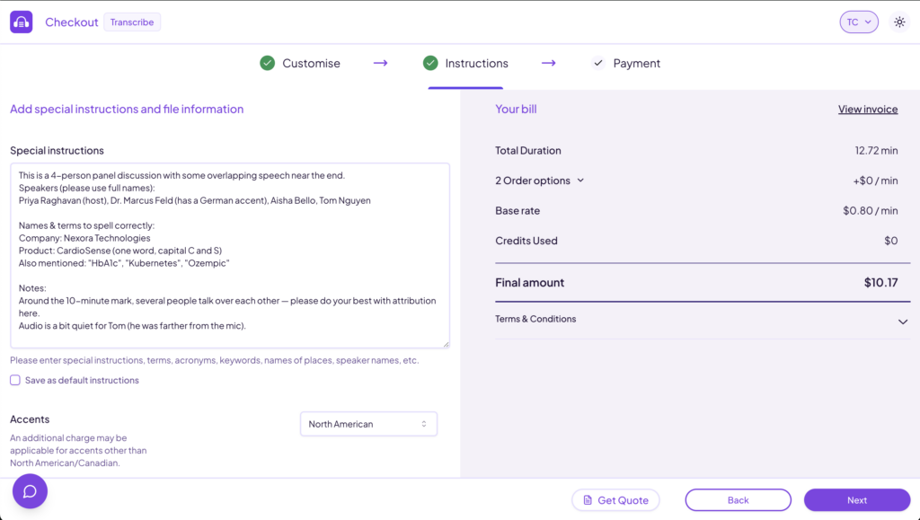 Scribie checkout Instructions step with a filled-in Special Instructions box listing speaker names, terms to spell correctly, and notes about overlapping speech, plus a Save as default instructions checkbox and Accents selector.