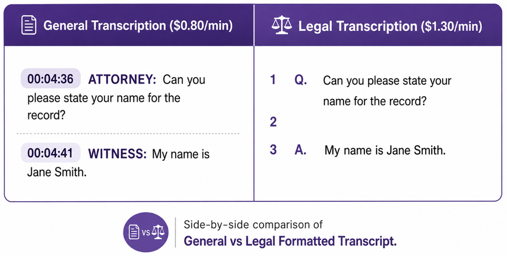 Side-by-side comparison of a general transcript with timestamps and legal transcript formatting with numbered lines
