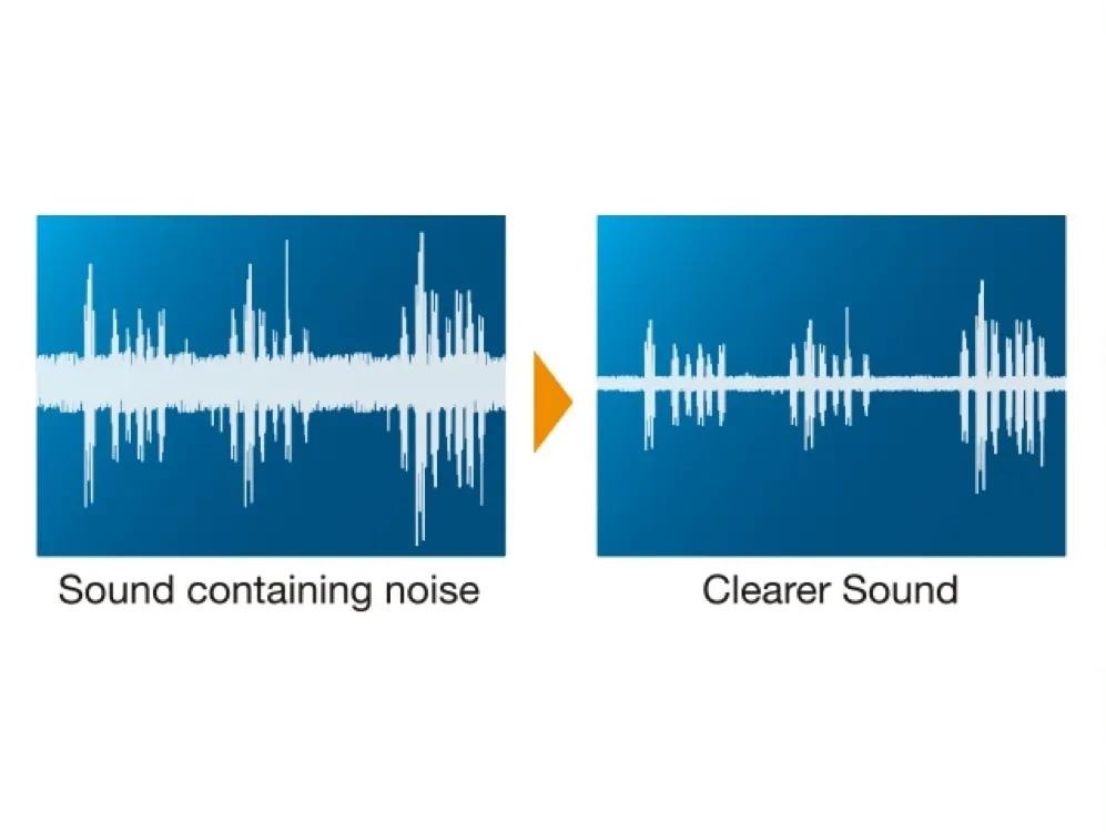 Audio waveform containing background noise next to a cleaner waveform after noise reduction