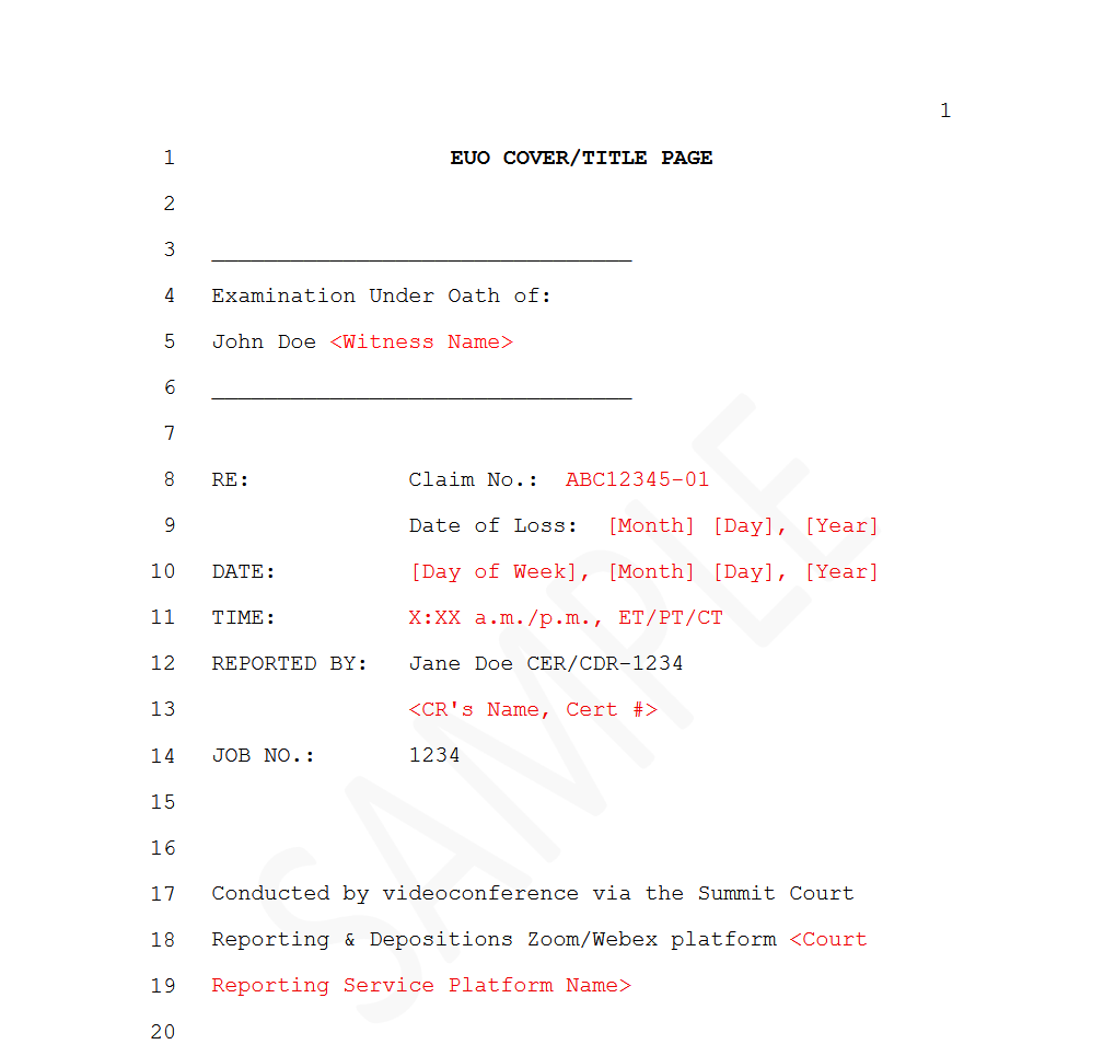 Examination Under Oath (EUO) transcript template sample with claim number and reporter details