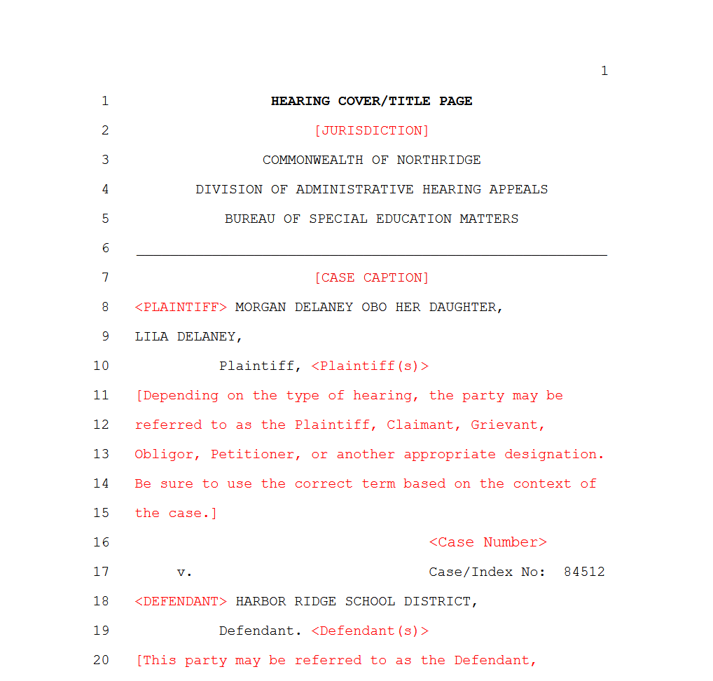 Hearing transcript template sample showing jurisdiction, case caption and line numbering