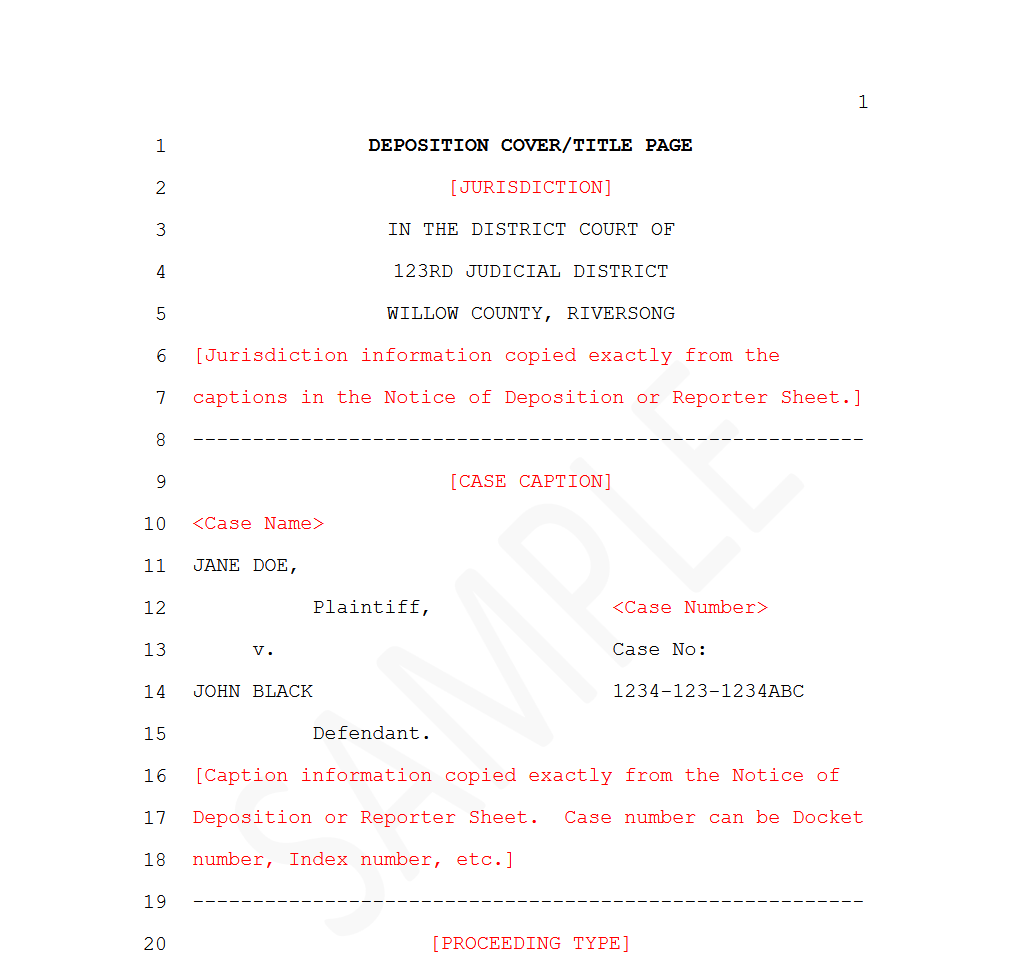 Deposition transcript template sample showing legal transcription format with case caption and jurisdiction