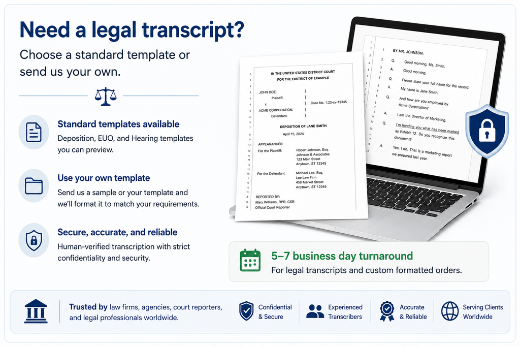 Scribie legal transcript templates for depositions, EUOs and hearings with 5–7 business day turnaround